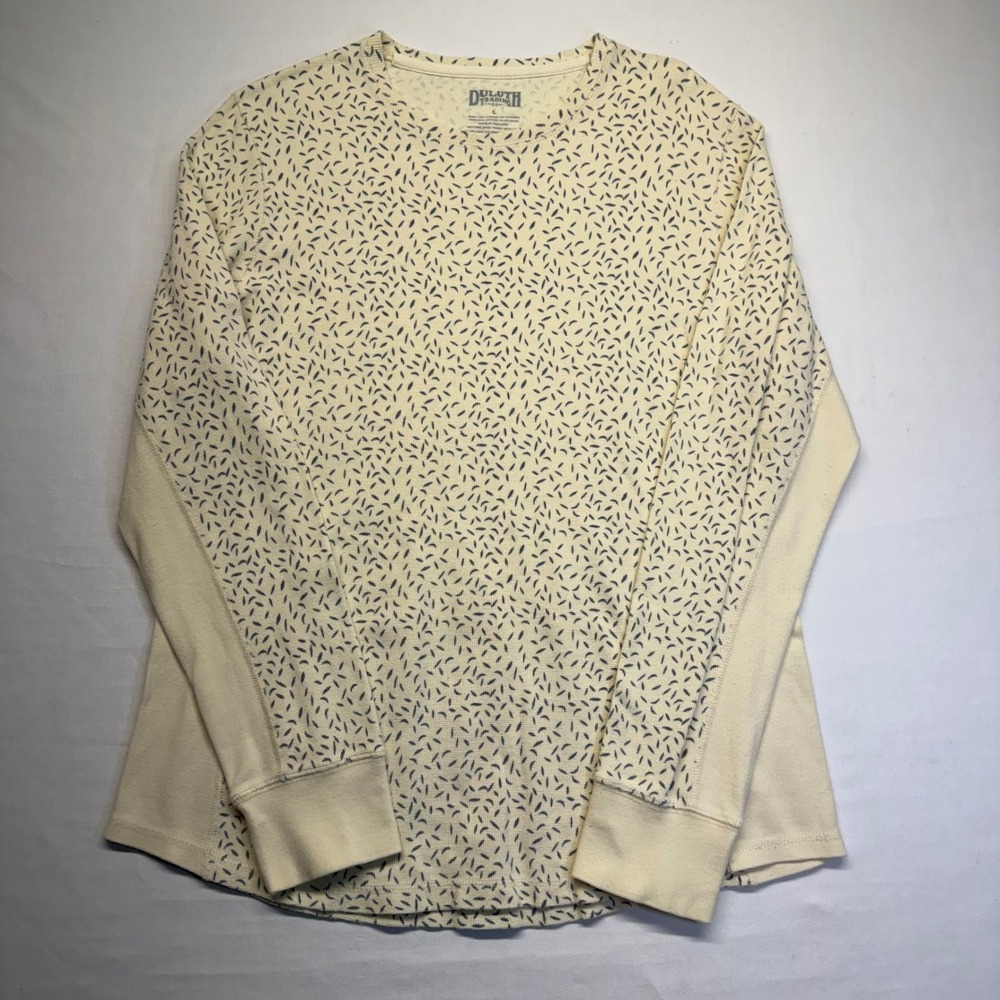 Duluth Trading Thermal Waffle Knit Top Large Ivory Navy Print Long Sleeve L